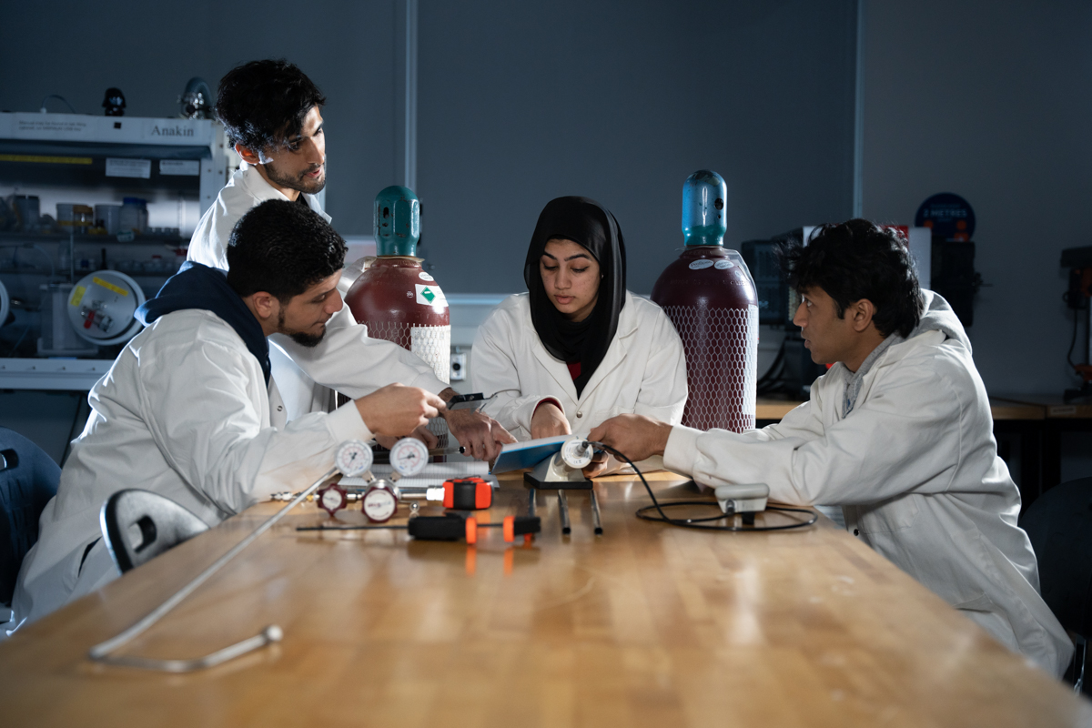 academics image showing glass, laboratory, north campus, science, smiling, students, tables, talking at energy research centre