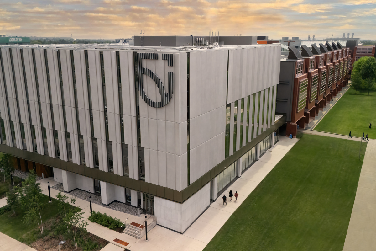 A drone view of campus buildings